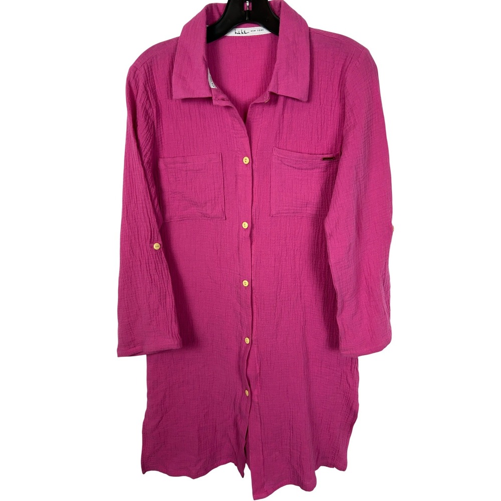 Nicole Miller Carmine Rose Crinkle Chiffon Beach Cover Up Button Down Pink S NWT